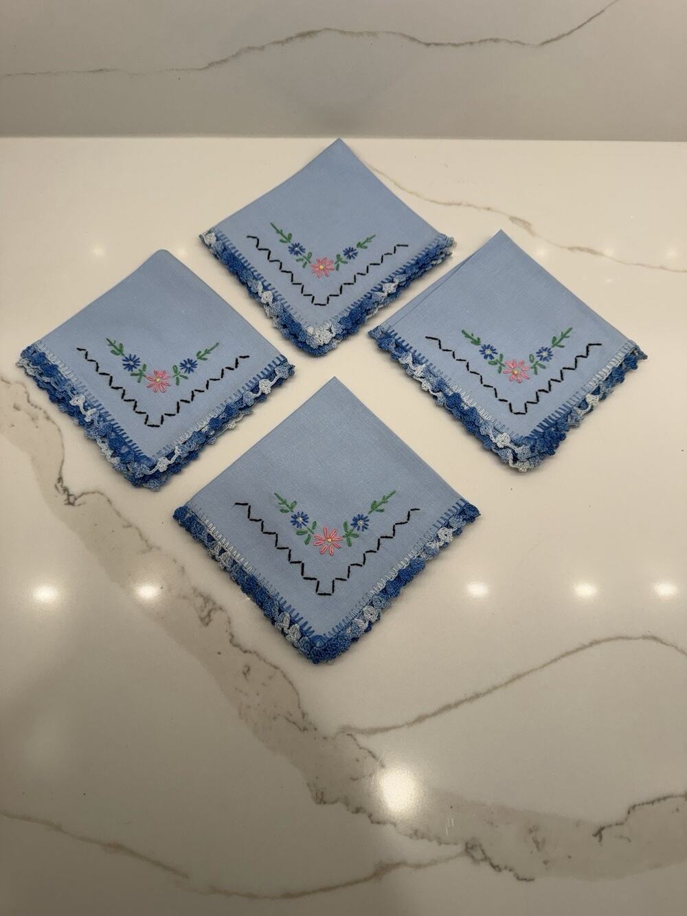 Vintage Cocktail Napkins Handkerchiefs Set of 4 Hand Embroidered Linens Flowers